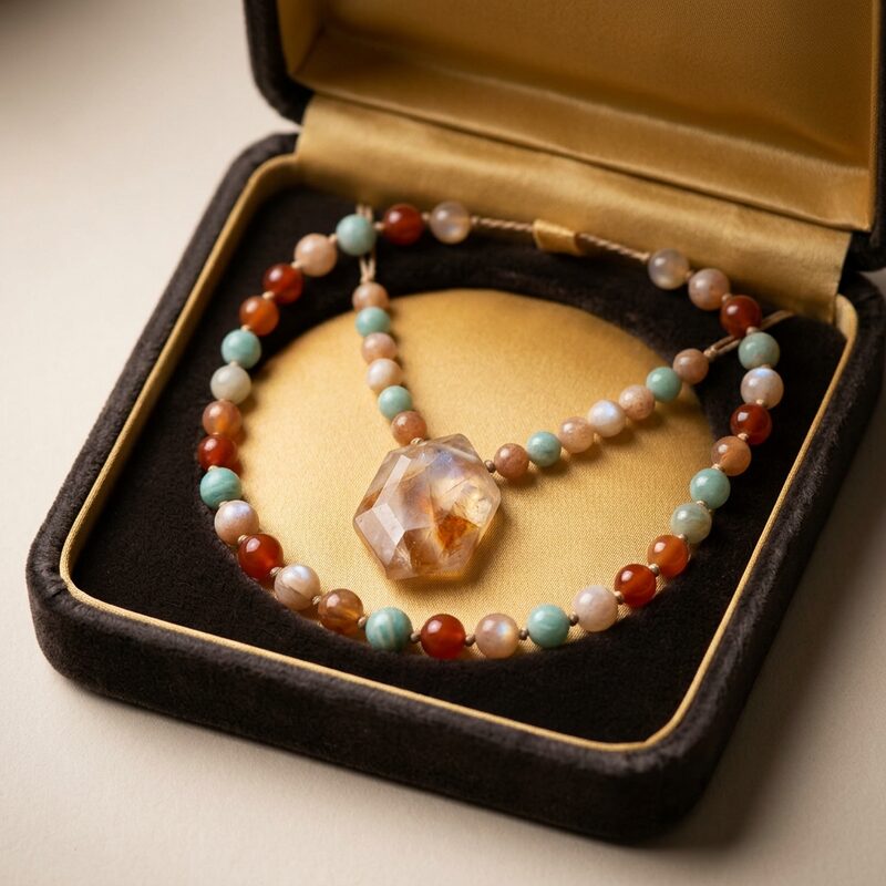 Collier avec pierre maîtresse en pendentif, présenté dans son écrin