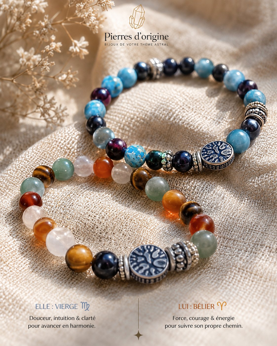 Duo de bracelets Pierres d'Origine, composés pour Elle (Vierge) et Lui (Bélier)